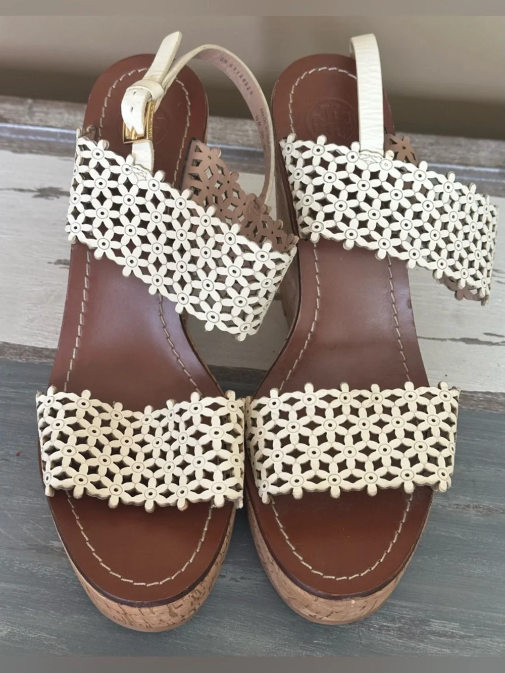 Tory Burch Floral Laser Cut Cork Wedge Sandals Cream Leather Size 10M‎ Boho Chic